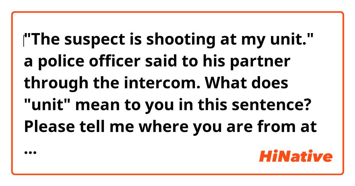 ‎"The suspect is shooting at my unit." a police officer said to his partner through the intercom.

What does "unit" mean to you in this sentence?


Please tell me where you are from at the end of your answer. For example, New Jersey the USA.
