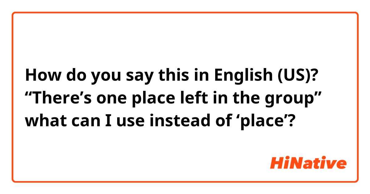 How do you say this in English (US)? “There’s one place left in the group” what can I use instead of ‘place’?
