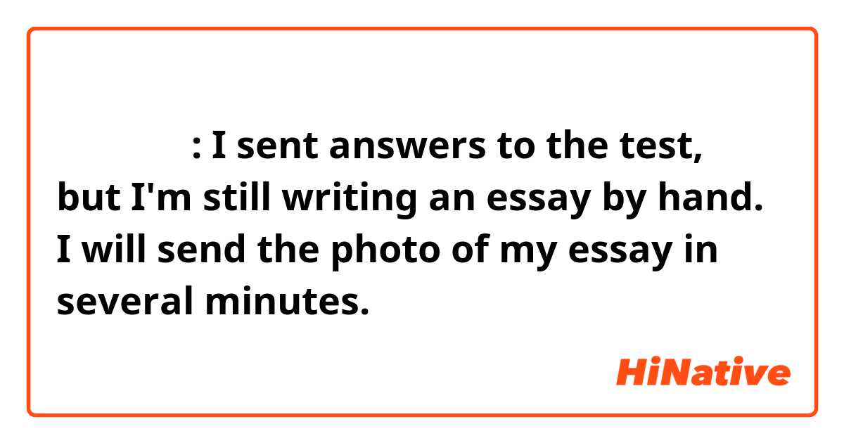 请帮助我翻译:

I sent answers to the test, but I'm still writing an essay by hand. I will send the photo of my essay in several minutes.
