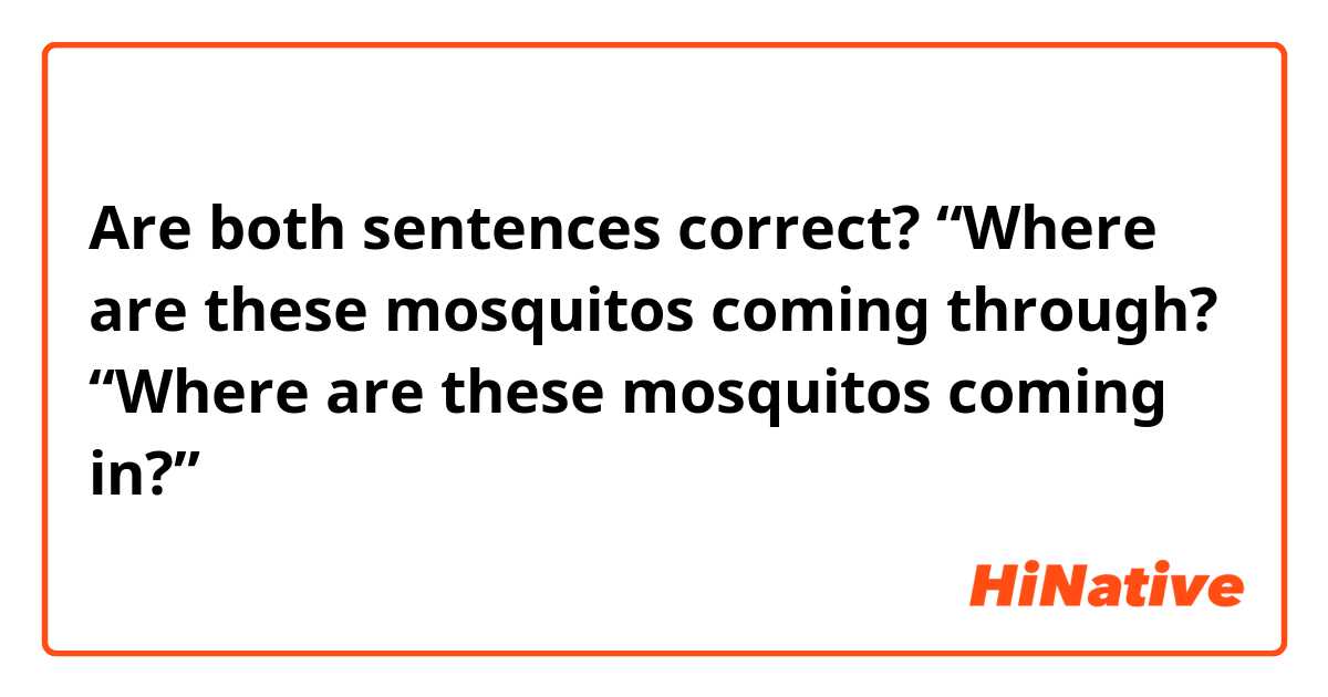 Are both sentences correct?
“Where are these mosquitos coming through?
“Where are these mosquitos coming in?”