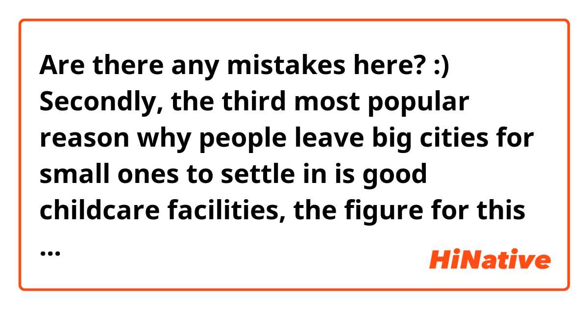 Are there any mistakes here? :)
Secondly, the third most popular reason why people leave big cities for small ones to settle in is good childcare facilities, the figure for this option is 15%.