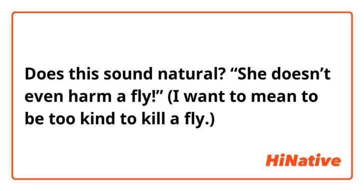 Does this sound natural?
“She doesn’t even harm a fly!”
(I want to mean to be too kind to kill a fly.)