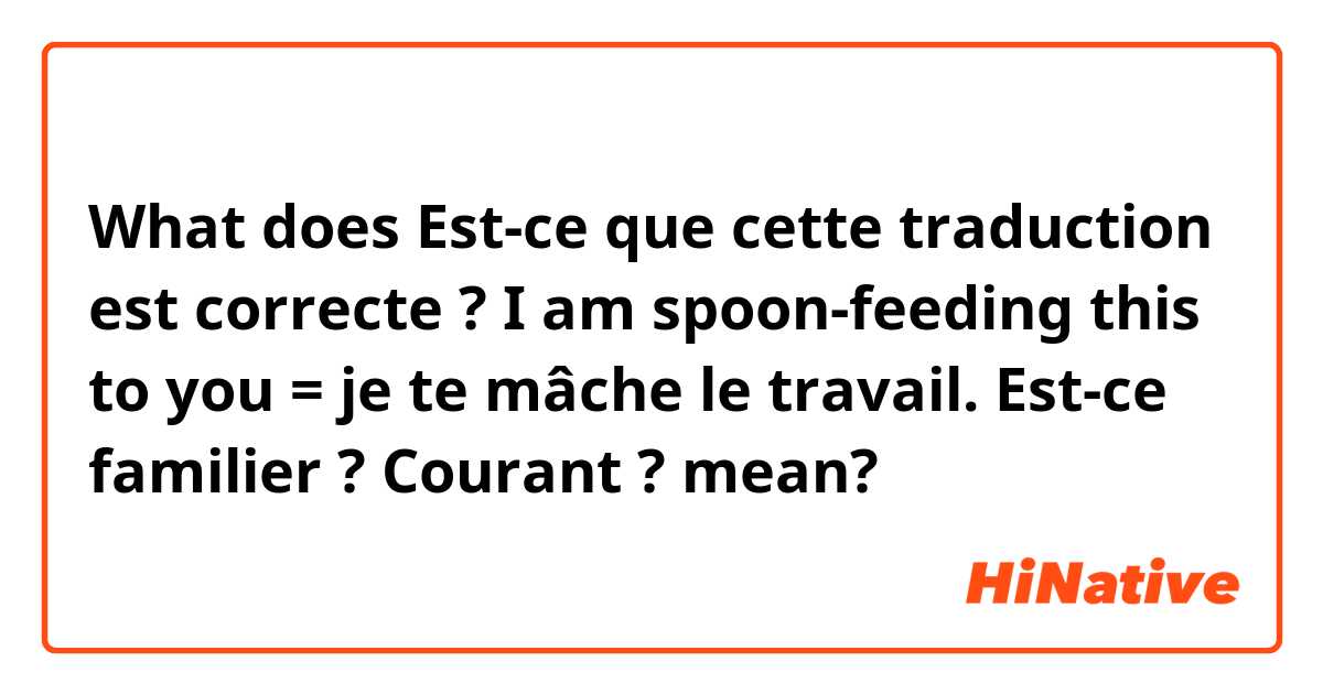 What does Est-ce que cette traduction est correcte  ?

I am spoon-feeding this to you = je te mâche le travail.

Est-ce familier ? Courant ?
 mean?