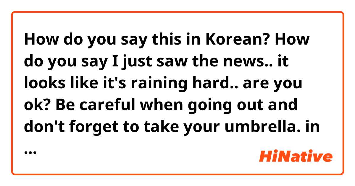 How do you say this in Korean? How do you say I just saw the news.. it looks like it's raining hard.. are you ok?  Be careful when going out and don't forget to take your umbrella. in Korean?