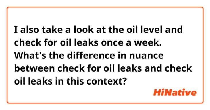 I also take a look at the oil level and check for oil leaks once a week.
What's the difference in nuance between check for oil leaks and check oil leaks in this context?
