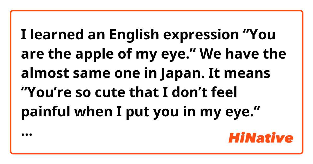 I learned an English expression “You are the apple of my eye.” We have the almost same one in Japan. It means “You’re so cute that I don’t feel painful when I put you in my eye.” When I hear the expression, I always think you must definitely hurt. 

Could you correct my writing?