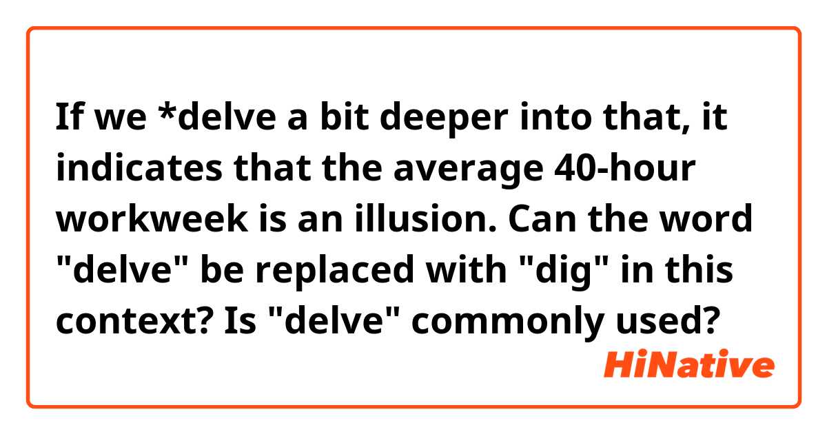 If we *delve a bit deeper into that, it indicates that the average 40-hour workweek is an illusion.

Can the word "delve" be replaced with "dig" in this context?
Is "delve" commonly used?
