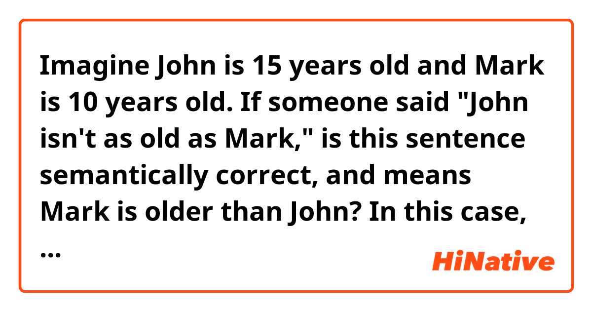 Imagine John is 15 years old and Mark is 10 years old. If someone said "John isn't as old as Mark," is this sentence semantically correct, and means Mark is older than John? In this case, the word "old" means someone has lived longer than another one, or just used to compare the age itself?   