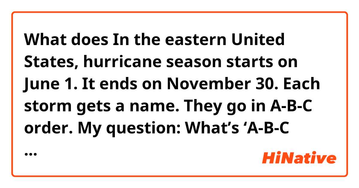 What does In the eastern United States, hurricane season starts on June 1. It ends on November 30. Each storm gets a name. They go in A-B-C order.

My question:
What’s ‘A-B-C order’ meaning? mean?