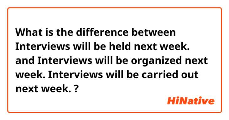 What is the difference between Interviews will be held next week. and Interviews will be organized next week.

Interviews will be carried out next week. ?