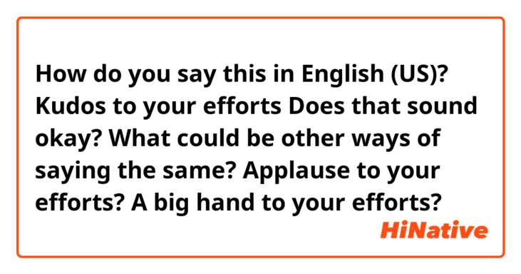 How do you say this in English (US)? 
Kudos to your efforts

Does that sound okay?

What could be other ways of saying the same?

Applause to your efforts?
A big hand to your efforts?
