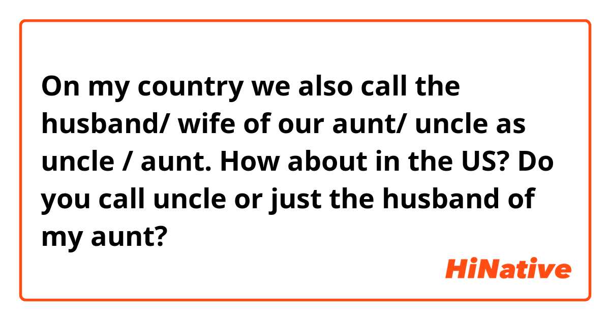 On my country we also call the husband/ wife of our aunt/ uncle as uncle / aunt. How about in the US? Do you call uncle or just the husband of my aunt?
