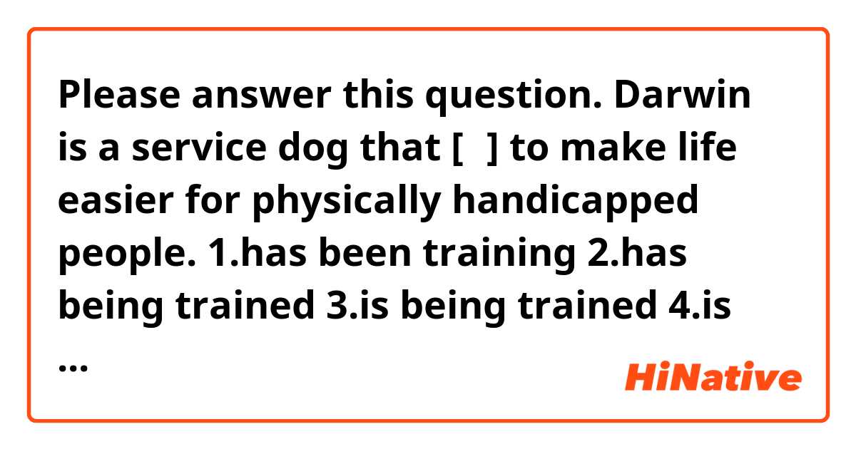Please answer this question.

Darwin is a service dog that [？] to make life easier for physically handicapped people.

1.has been training 
2.has being trained 
3.is being trained 
4.is being training 