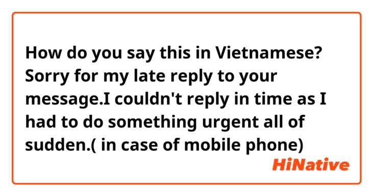 How do you say this in Vietnamese? Sorry for my late reply to your message.I couldn't reply in time as I had to do something urgent all of sudden.( in case of  mobile phone)