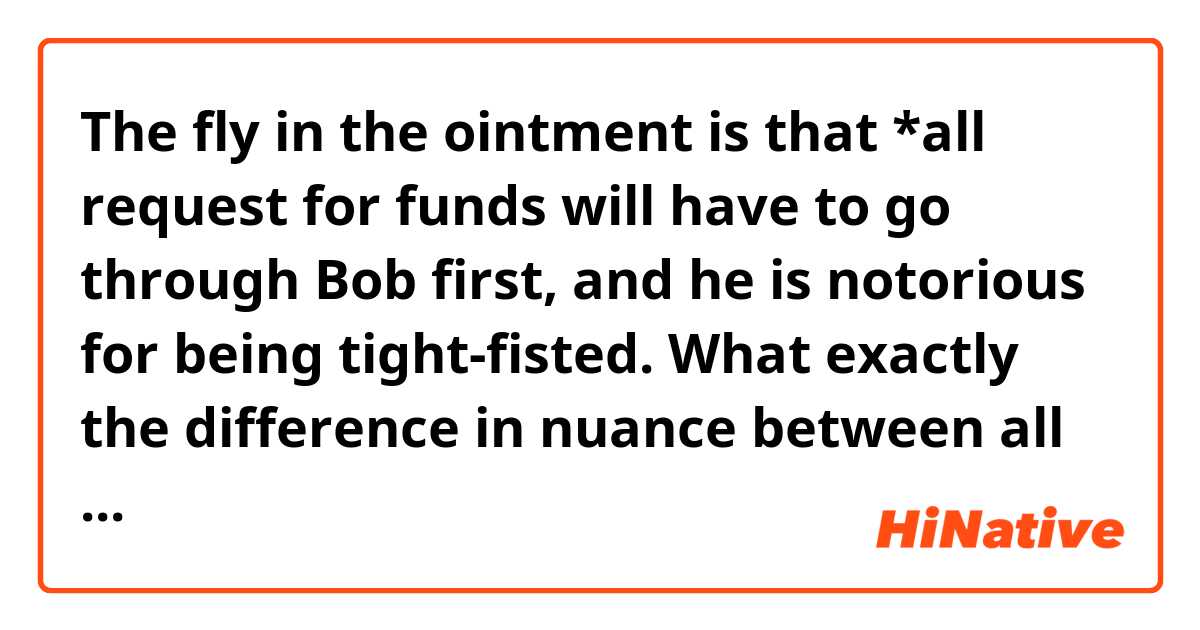 The fly in the ointment is that *all request for funds will have to go through Bob first, and he is notorious for being tight-fisted.
What exactly the difference in nuance between all requests and all the requests in this context?