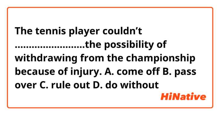 The tennis player couldn’t …………………….the possibility of withdrawing from the championship because of injury.

A.	come off
B.	pass over
C.	rule out
D.	do without
