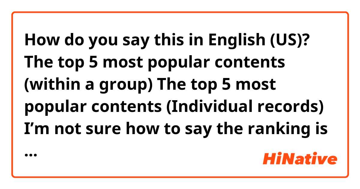 How do you say this in English (US)? The top 5 most popular contents (within a group)

The top 5 most popular contents (Individual records)

I’m not sure how to say the ranking is based on the hits within a group or on your individual hits. 