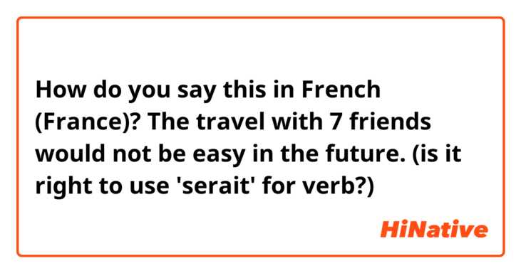 How do you say this in French (France)? The travel with 7 friends would not be easy in the future. (is it right to use 'serait' for verb?)