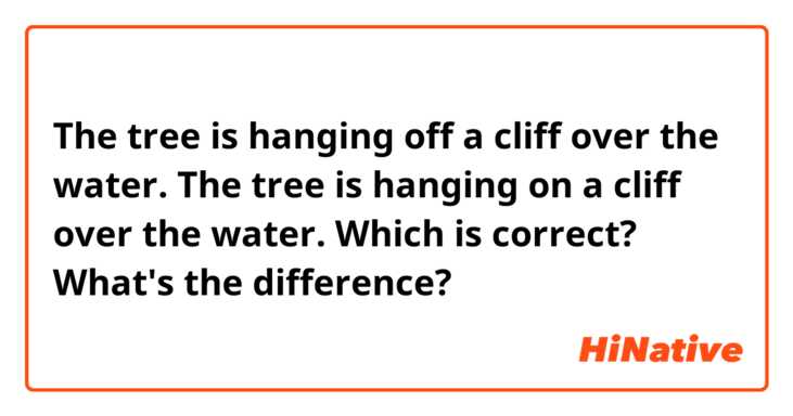 The tree is hanging off a cliff over the water.
The tree is hanging on a cliff over the water.
Which is correct?
What's the difference?