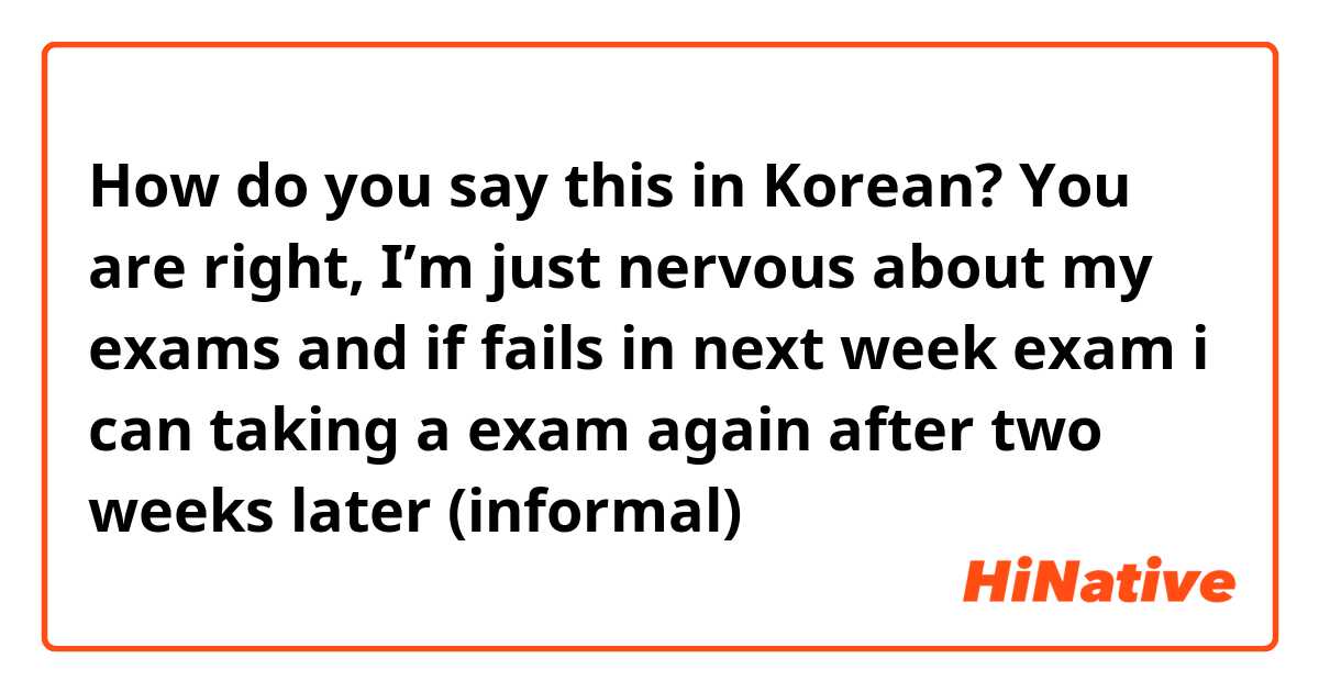 How do you say this in Korean? You are right, I’m just nervous about my exams and if fails in next week exam i can taking a exam again after two weeks later (informal) 