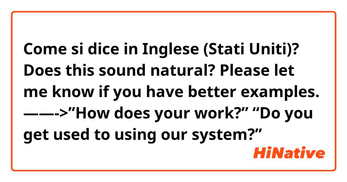 Come si dice in Inglese (Stati Uniti)?  Does this sound natural? Please let me know if you have better examples. ——->”How does your work?” “Do you get used to using our system?”