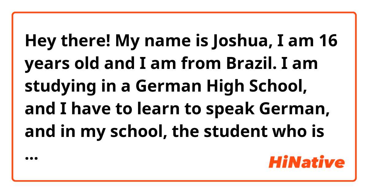 Hey there! My name is Joshua, I am 16 years old and I am from Brazil.

I am studying in a German High School, and I have to learn to speak German, and in my school, the student who is better in German competes for a trip to Germany with everything paid!

And I think if I make German friends who can teach me German, I can improve.

And if you are learning Portuguese, I can help you! I am a very patient person!

Just please help me! We can be friends!

Instagram: @dosreismeloj
Send me a direct there!