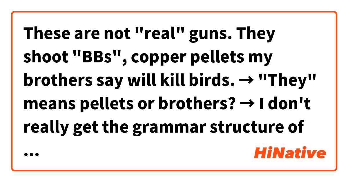 ● These are not "real" guns. They shoot "BBs", copper pellets my brothers say will kill birds. 

→ "They" means pellets or brothers?
→ I don't really get the grammar structure of the second sentence here.. could u explain?  とはどういう意味ですか?