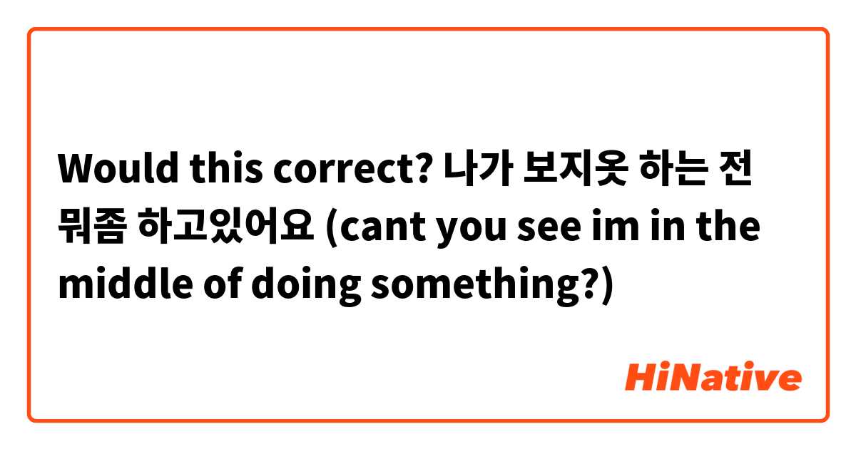 Would this correct? 나가 보지옷 하는 전 뭐좀 하고있어요
(cant you see im in the middle of doing something?)