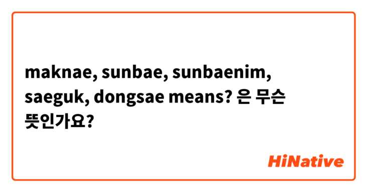 maknae, sunbae, sunbaenim, saeguk, dongsae means?은 무슨 뜻인가요?