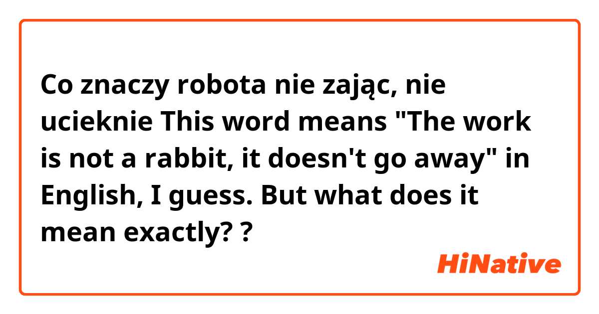 Co znaczy robota nie zając, nie ucieknie
 
This word means "The work is not a rabbit, it doesn't go away" in English, I guess. But what does it mean exactly??