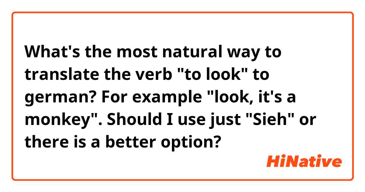 What's the most natural way to translate the verb "to look" to german?
For example "look, it's a monkey". Should I use just "Sieh" or there is a better option?