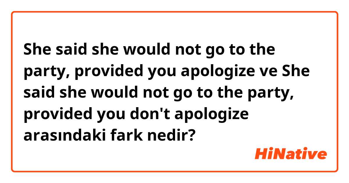 She said she would not go to the party, provided you apologize  ve She said she would not go to the party, provided you don't apologize arasındaki fark nedir?