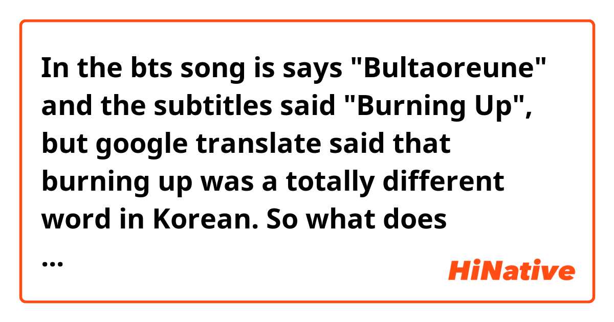 In the bts song is says "Bultaoreune" and the subtitles said "Burning Up", but google translate said that burning up was a totally different word in Korean. So what does Bultaoreune actually mean??