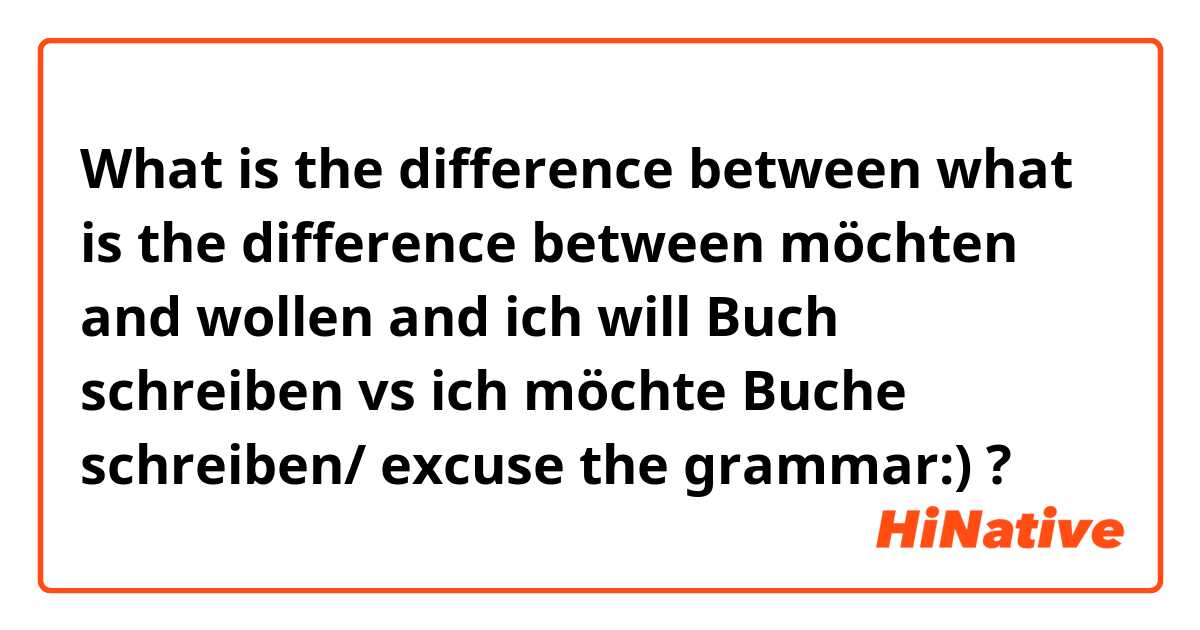 What is the difference between what is the difference between möchten and wollen and ich will Buch schreiben vs ich möchte Buche schreiben/ excuse the grammar:) ?