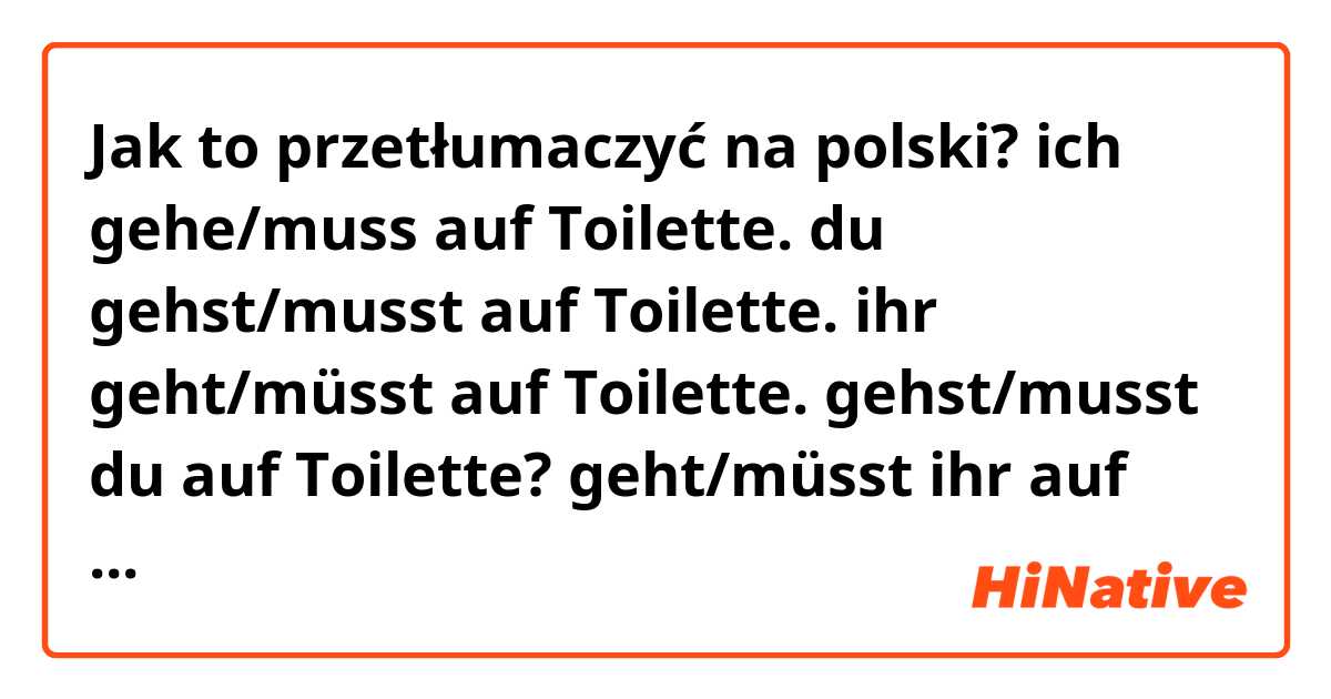 Jak to przetłumaczyć na polski? ich gehe/muss auf Toilette.
du gehst/musst auf Toilette.
ihr geht/müsst auf Toilette. 

gehst/musst du auf Toilette?
geht/müsst ihr auf Toilette?
