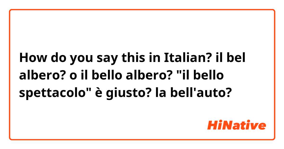 How do you say this in Italian? il bel albero? o il bello albero?
 "il bello spettacolo" è giusto? la bell'auto?