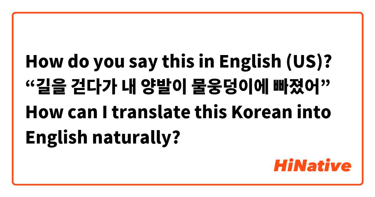 How do you say this in English (US)? “길을 걷다가 내 양발이 물웅덩이에 빠졌어”

How can I translate this Korean into English naturally?